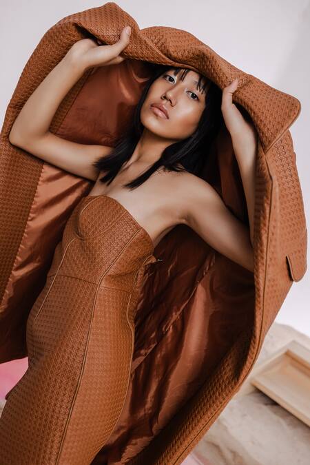 Shop July Issue Brown Faux Leather, Taffeta Collared, Square Neck Textured Jacket And Dress Set Online at Aza Fashions Shop_July Issue_Brown Faux Leather, Taffeta Collared, Square Neck Textured Jacket And Dress Set _Online_at_Aza_Fashions