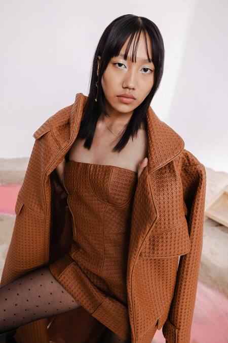 July Issue Brown Faux Leather, Taffeta Collared, Square Neck Textured Jacket And Dress Set at Aza Fashions July Issue_Brown Faux Leather, Taffeta Collared, Square Neck Textured Jacket And Dress Set _at_Aza_Fashions