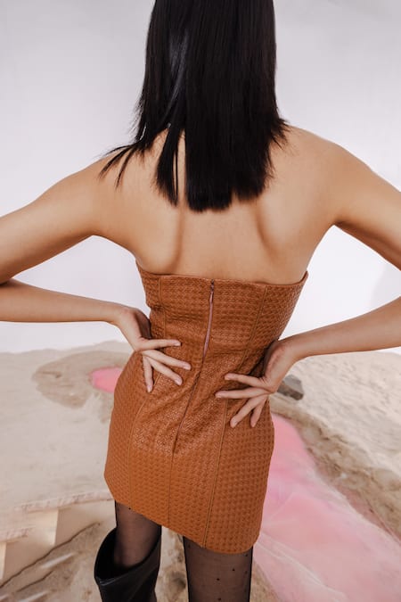 Shop_July Issue_Brown Faux Leather, Taffeta Open Neck Geometric Textured Dress _at_Aza_Fashions