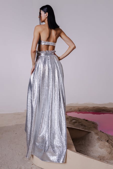 Shop_July Issue_Silver Sweetheart Neck Metallic Bralette And High-low Skirt Set _at_Aza_Fashions