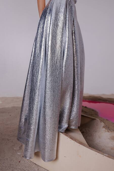 Buy_July Issue_Silver Sweetheart Neck Metallic Bralette And High-low Skirt Set _Online_at_Aza_Fashions