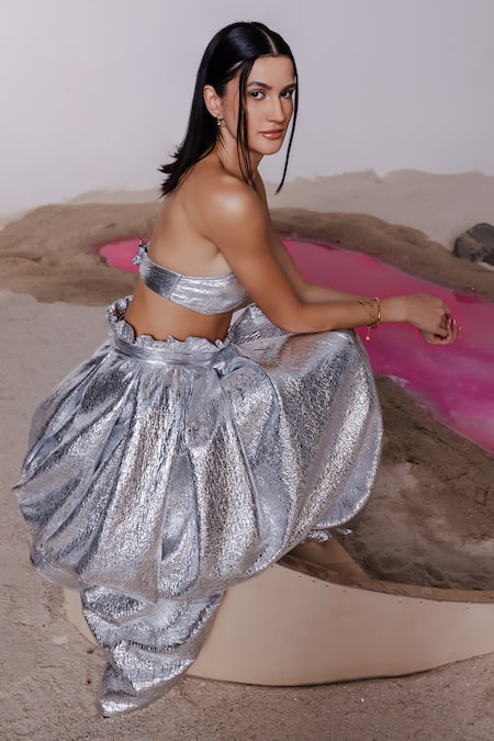 July Issue_Silver Sweetheart Neck Metallic Bralette And High-low Skirt Set _at_Aza_Fashions