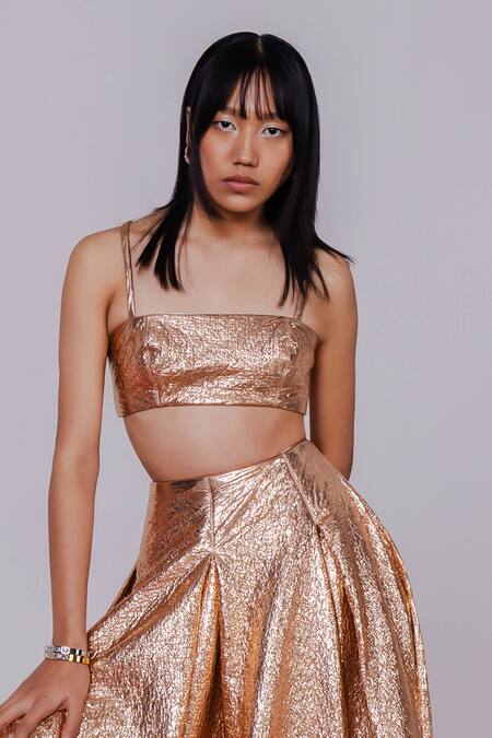 July Issue_Brown Polyester Square Neck Metallic Textured Bralette And Skirt Set _Online_at_Aza_Fashions