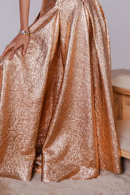 July Issue_Brown Polyester Square Neck Metallic Textured Bralette And Skirt Set _at_Aza_Fashions