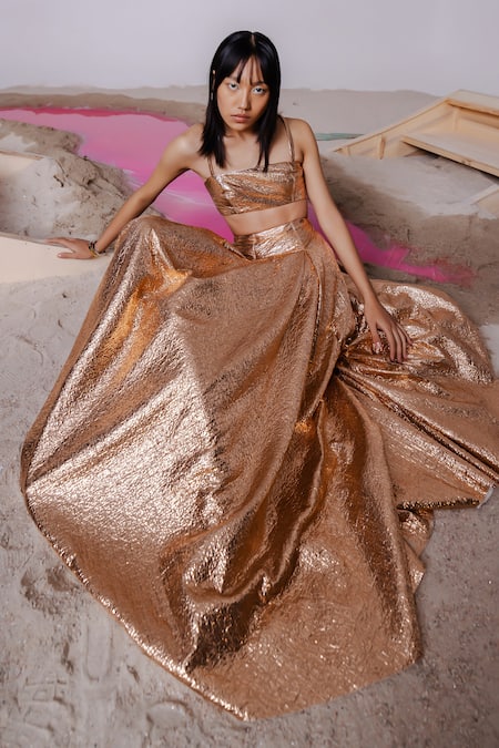 Shop_July Issue_Brown Polyester Square Neck Metallic Textured Bralette And Skirt Set _at_Aza_Fashions