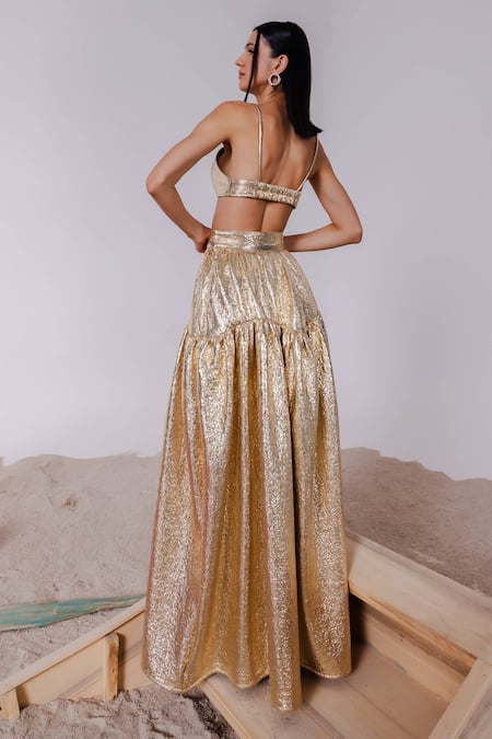 Shop_July Issue_Gold Polyester Sweetheart Neck Textured Bralette And Tiered Skirt Set _at_Aza_Fashions