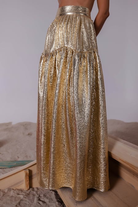 Buy_July Issue_Gold Polyester Sweetheart Neck Textured Bralette And Tiered Skirt Set _Online_at_Aza_Fashions