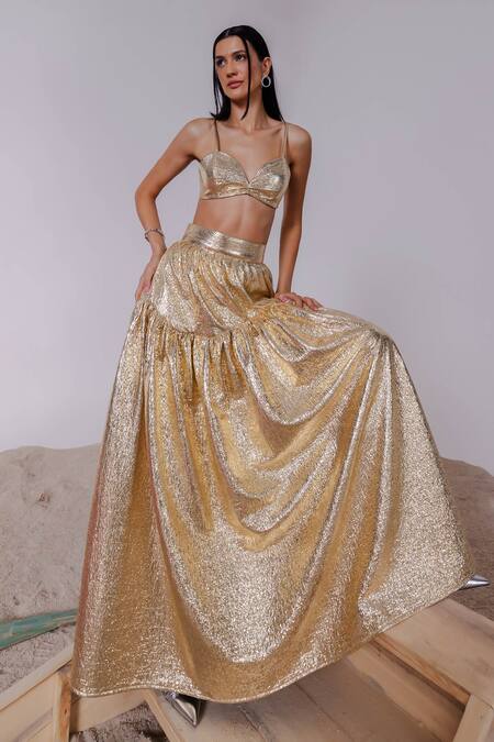 Shop_July Issue_Gold Polyester Sweetheart Neck Textured Bralette And Tiered Skirt Set _Online_at_Aza_Fashions