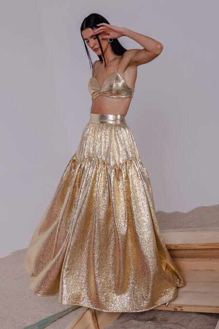 July Issue_Gold Polyester Sweetheart Neck Textured Bralette And Tiered Skirt Set _at_Aza_Fashions