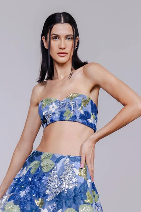 July Issue_Blue Net, Crepe Sequins, Embroidery Sweetheart Neck Foliage Lehenga Set _Online_at_Aza_Fashions