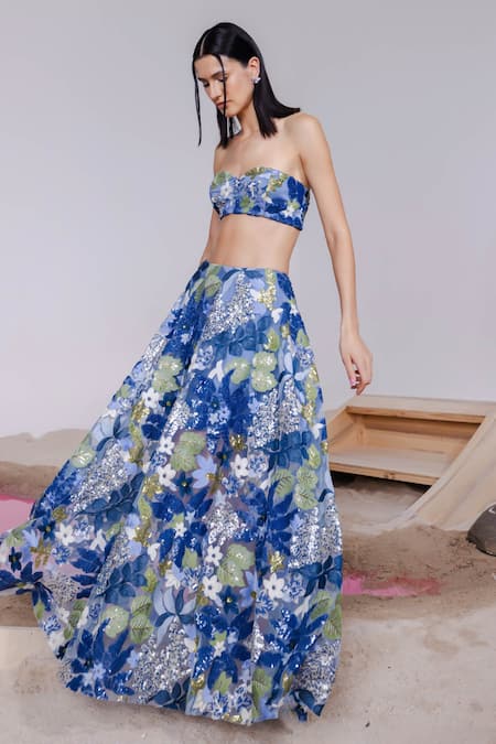 Buy_July Issue_Blue Net, Crepe Sequins, Embroidery Sweetheart Neck Foliage Lehenga Set _Online_at_Aza_Fashions