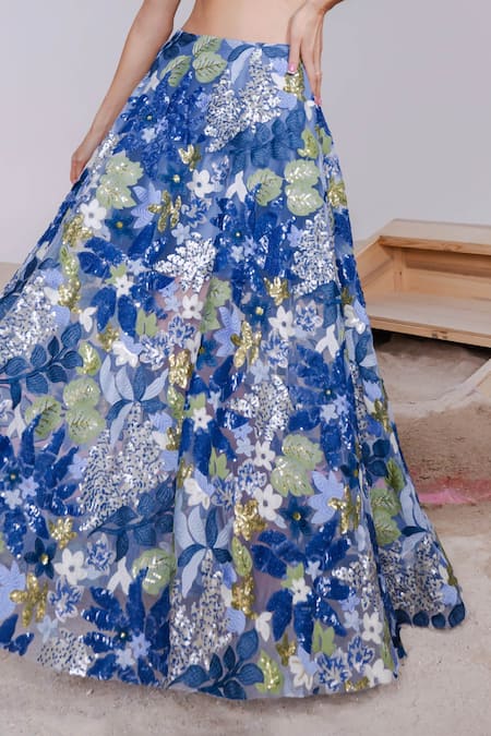 Shop_July Issue_Blue Net, Crepe Sequins, Embroidery Sweetheart Neck Foliage Lehenga Set _Online_at_Aza_Fashions