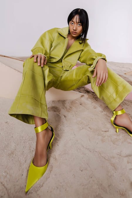 July Issue_Green Velvet Round Neck Quilted Bomber Jacket And Pant Set _Online_at_Aza_Fashions