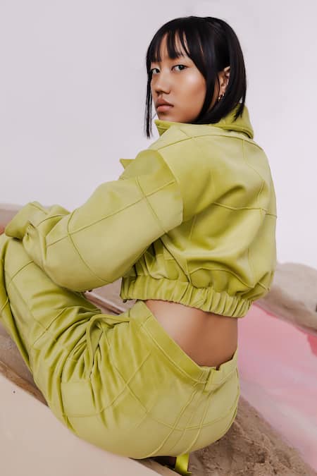 Shop_July Issue_Green Velvet Round Neck Quilted Bomber Jacket And Pant Set _at_Aza_Fashions