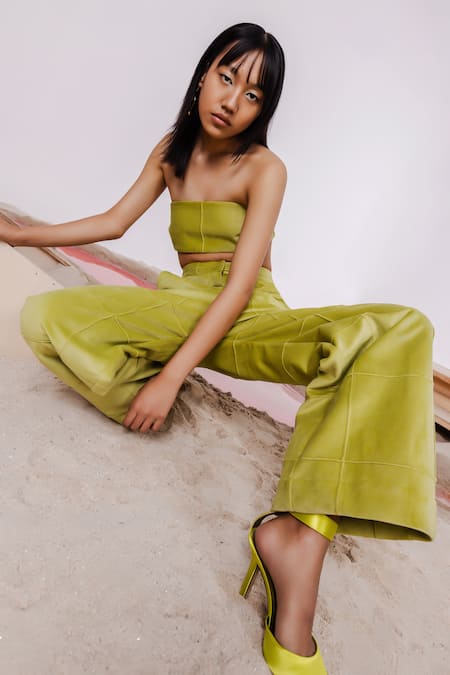 Shop_July Issue_Green Velvet Round Neck Quilted Bomber Jacket And Pant Set _Online_at_Aza_Fashions