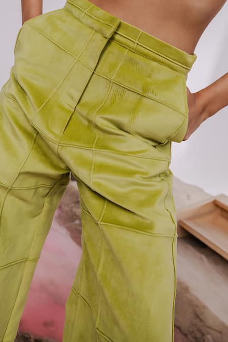 July Issue_Green Velvet Round Neck Quilted Bomber Jacket And Pant Set _at_Aza_Fashions