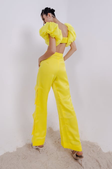 Shop_July Issue_Yellow Organza, Crepe Sweetheart Neck Solid Puff Sleeves Crop Top And Pant Set _at_Aza_Fashions