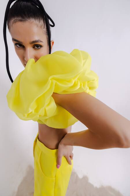 July Issue_Yellow Organza, Crepe Sweetheart Neck Solid Puff Sleeves Crop Top And Pant Set _Online_at_Aza_Fashions