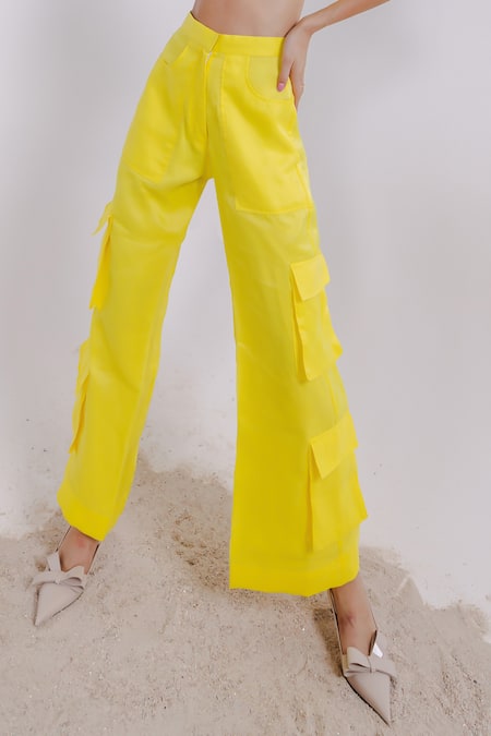 Shop_July Issue_Yellow Organza, Crepe Sweetheart Neck Solid Puff Sleeves Crop Top And Pant Set _Online_at_Aza_Fashions