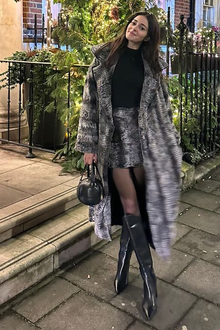 Buy_July Issue_Black Faux Leather Open Neck Fur Jacket And Mini Skirt Set _Online_at_Aza_Fashions