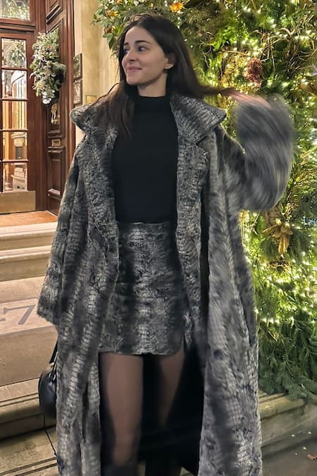 Shop_July Issue_Black Faux Leather Open Neck Fur Jacket And Mini Skirt Set _Online_at_Aza_Fashions