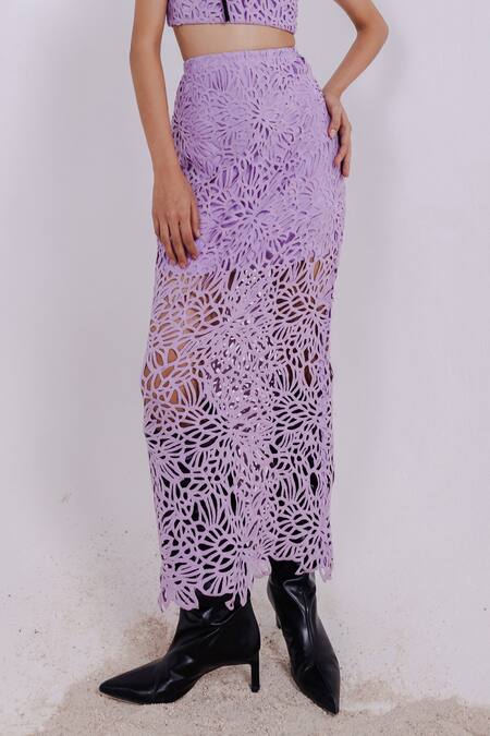 July Issue_Purple Lace, Crepe Embroidery Bandeau Neck Lilac Top And Pencil Skirt Set _Online_at_Aza_Fashions