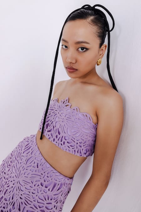 Buy_July Issue_Purple Lace, Crepe Embroidery Bandeau Neck Lilac Top And Pencil Skirt Set _Online_at_Aza_Fashions