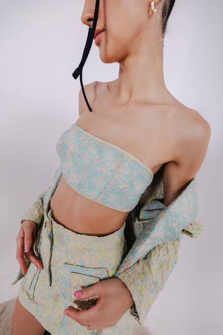 July Issue_Beige Jacquard, Cotton Collared, Bandeau Textured Pattern Jacket Mini Skirt Set _Online_at_Aza_Fashions