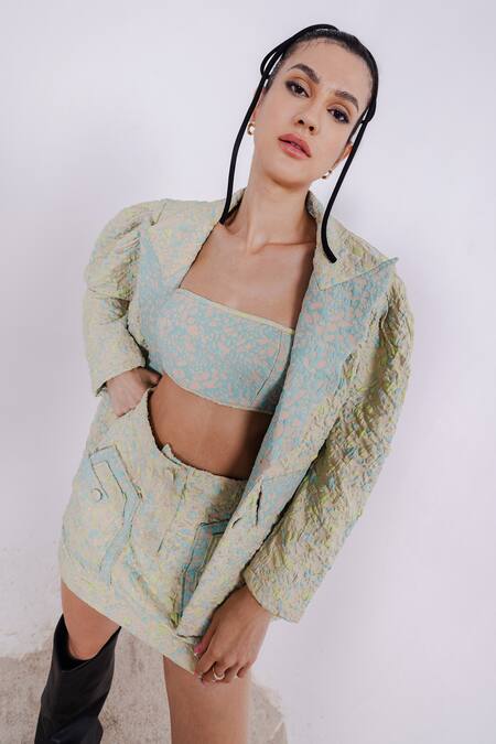Buy_July Issue_Beige Jacquard, Cotton Collared, Bandeau Textured Pattern Jacket Mini Skirt Set _Online_at_Aza_Fashions