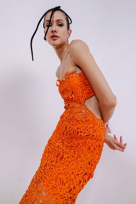 July Issue_Orange Lace, Crepe Open Neck Cut-out Tube Sheath Dress _Online_at_Aza_Fashions