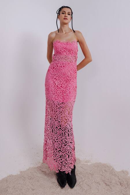 July Issue_Pink Lace, Crepe Embroidery Open Neck Floral Tube Sheath Dress _Online_at_Aza_Fashions