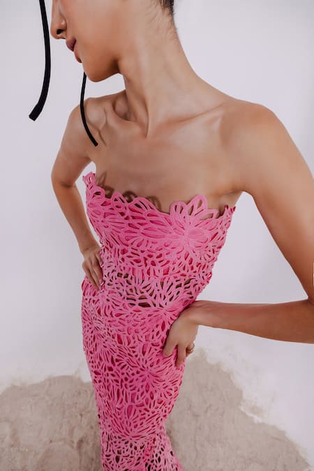 Buy_July Issue_Pink Lace, Crepe Embroidery Open Neck Floral Tube Sheath Dress _Online_at_Aza_Fashions