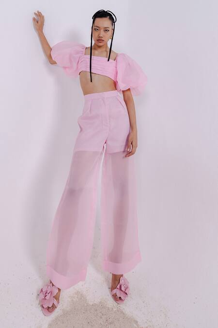 Buy_July Issue_Pink Organza, Crepe Sweetheart Neck Daisy Pleated Crop Top And Pant Set _Online_at_Aza_Fashions
