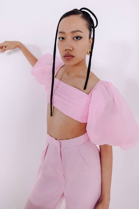 Shop_July Issue_Pink Organza, Crepe Sweetheart Neck Daisy Pleated Crop Top And Pant Set _Online_at_Aza_Fashions