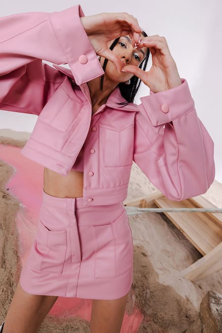 Buy_July Issue_Pink Faux Leather Open Neck Solid Cropped Jacket Mini Skirt Set _Online_at_Aza_Fashions