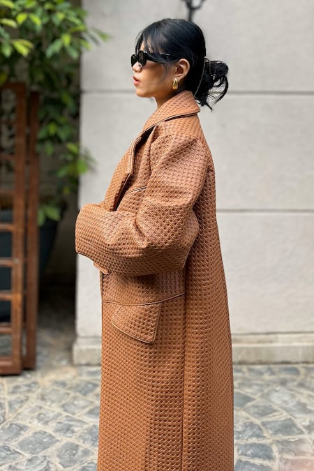 Buy_July Issue_Brown Open Neck Geometric Textured Jacket And Mini Skirt Set _Online_at_Aza_Fashions