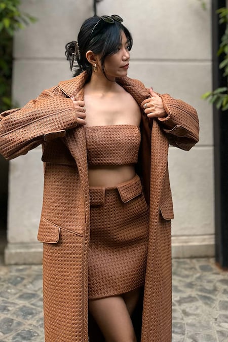 Shop_July Issue_Brown Open Neck Geometric Textured Jacket And Mini Skirt Set _at_Aza_Fashions