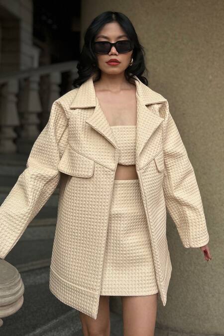 Shop_July Issue_Beige Cotton Collared Textured Geometric Jacket And Mini Skirt Set _at_Aza_Fashions