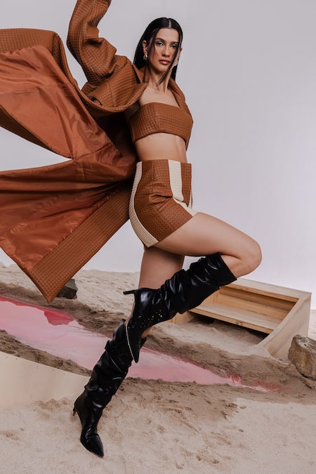 July Issue_Beige Polyester Collared Textured Jacket And Mini Skirt Set _Online_at_Aza_Fashions