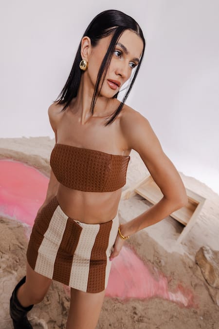 Buy_July Issue_Beige Polyester Collared Textured Jacket And Mini Skirt Set _Online_at_Aza_Fashions