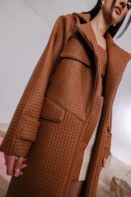 Shop_July Issue_Beige Polyester Collared Textured Jacket And Mini Skirt Set _Online_at_Aza_Fashions
