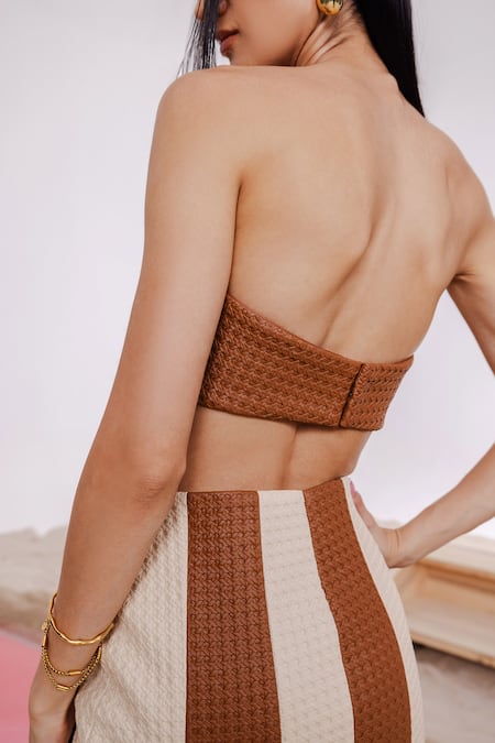 July Issue_Beige Polyester Collared Textured Jacket And Mini Skirt Set _at_Aza_Fashions