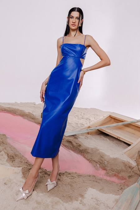 Shop_July Issue_Blue Faux Leather Square Neck, Collared Solid Long Jacket And Cut-out Dress _Online_at_Aza_Fashions