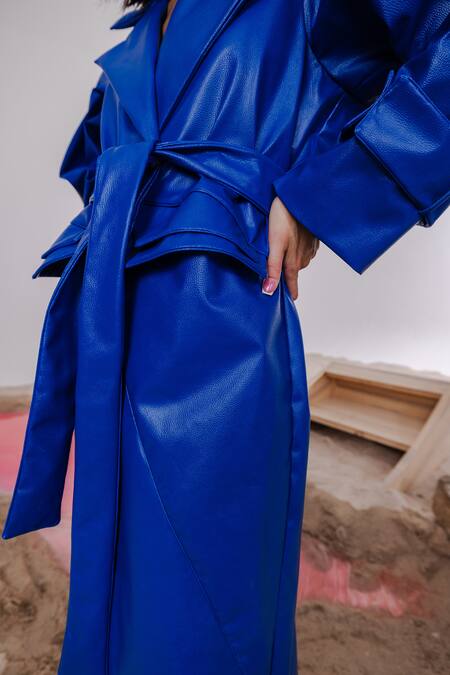 July Issue_Blue Faux Leather Square Neck, Collared Solid Long Jacket And Cut-out Dress _at_Aza_Fashions