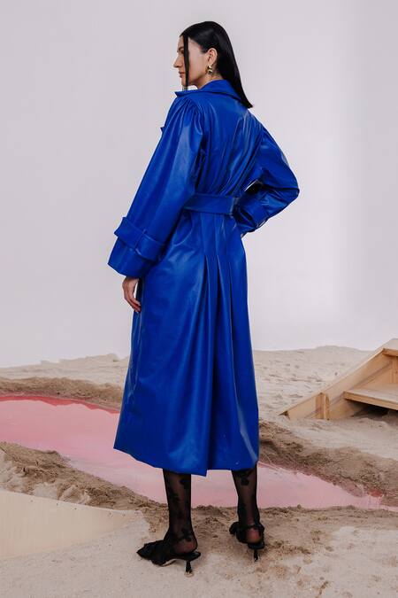 July Issue Blue Faux Leather, Taffeta Collared Solid Trench Jacket Online at Aza Fashions July Issue_Blue Faux Leather, Taffeta Collared Solid Trench Jacket _Online_at_Aza_Fashions