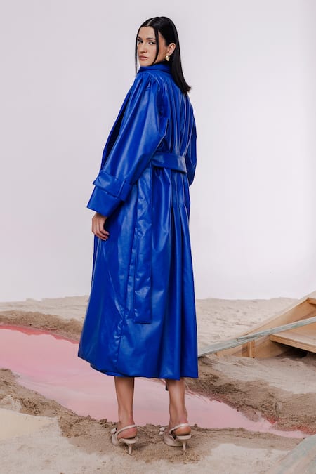 July Issue Solid Blue Faux Leather Trench Jacket 