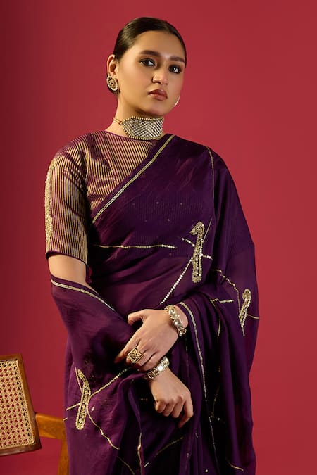 Buy_Komal Shah_Purple Organza, Tissue Embroidery Round Deep Keri Jaal Saree And Striped Blouse _Online_at_Aza_Fashions