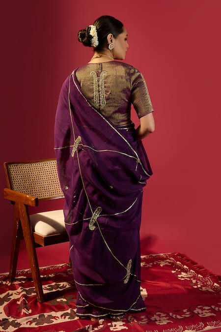Komal Shah_Purple Organza, Tissue Embroidery Round Deep Keri Jaal Saree And Striped Blouse _Online_at_Aza_Fashions