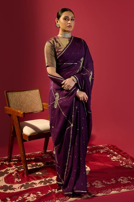 Shop_Komal Shah_Purple Organza, Tissue Embroidery Round Deep Keri Jaal Saree And Striped Blouse _Online_at_Aza_Fashions