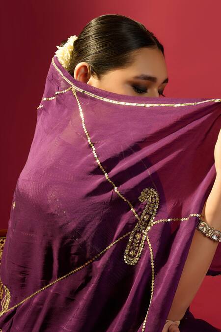 Komal Shah_Purple Organza, Tissue Embroidery Round Deep Keri Jaal Saree And Striped Blouse _at_Aza_Fashions